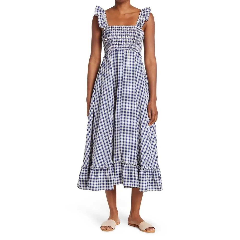 Max Studio London Blue Gingham‎ Smocked Cottagecore Midi Dress NWT M